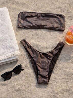 Envya Black Shimmer Strapless Bandeau Bikini Set Cheeky High Cut Bottoms Sz S💚